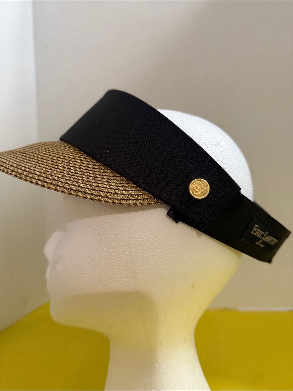 Eric Javits Black Band and Natural Straw Visor with Gold Accent